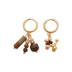 Gold plated tiger eye earrings with asymmetrical balloon dog charms and tassel beads