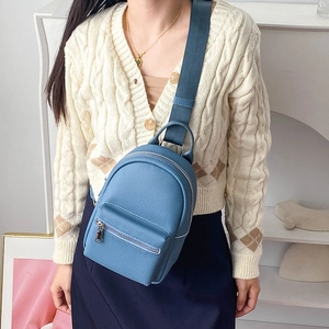 Blue lychee texture mini leather crossbody chest bag for women with silver hardware zippers