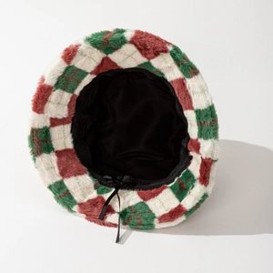 Bob d'hiver en peluche à carreaux rouge vert et blanc avec cordon de serrage intérieur réglable