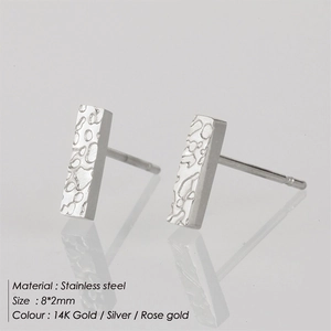 Minimalist stainless steel rectangular bar stud earrings with a textured lava finish