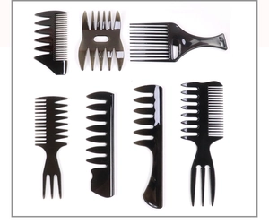 Flat lay of 8 black professional hair styling combs for men including wide tooth and oil combs