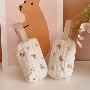 Quilted cotton bear embroidery makeup bag set with top handle in cream white