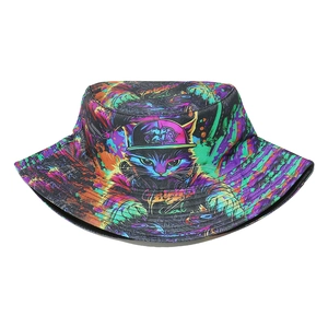 Cappello a secchiello da donna con stampa gatto graffiti stile cyberpunk colorato