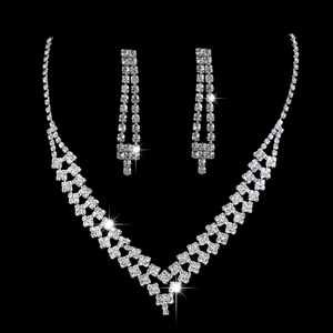 Elegant silver-plated V-shaped rhinestone necklace and dangling earrings bridal jewelry set