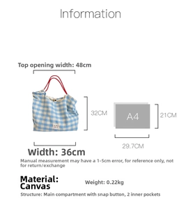 Detailed size chart showing dimensions of the cream plaid canvas tote bag next to A4 paper