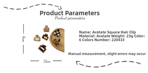 Detailed size specifications for acetate square hair claws showing dimensions 15cm x 4cm
