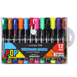 Set of 12 colorful dry erase whiteboard markers with fiber tips in a clear plastic case