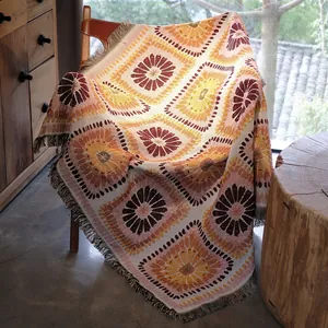Bohemian Knitted Throw Blanket Polyester Cotton Woven Tassel Fringe Floral Reversible Picnic Mat Sofa Cover Retro Ethnic