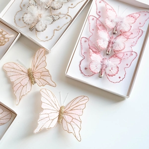 Mesh glitter butterfly Christmas tree ornaments and hair clips in pink and beige colors