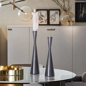 Modern minimalist pair of tapered gunmetal iron candlesticks for elegant home decor