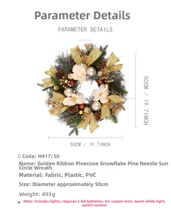 50cm Christmas wreath detail with pine cones gold ribbons and warm white LED lights