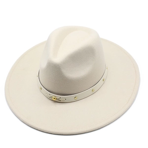 Detail of wide brim wool fedora hat with beige leather strap and gold metal rivets