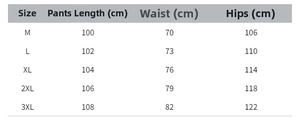 Size chart for men's sports joggers with waist, length, and hip measurements in cm