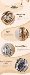 Detail of snake-shaped wrap watch featuring a rhinestone bezel and drop-shaped dial