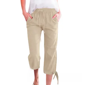 Detail of khaki cotton linen culottes with drawstring waist and adjustable lace-up cuffs