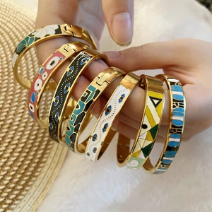Evil Eye Enamel Bangle Stainless Steel Vintage Boho Retro Bracelet For Women Jewelry