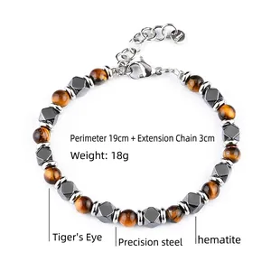 Détail du bracelet en perles d'œil de tigre et hématite avec fermoir mousqueton en acier