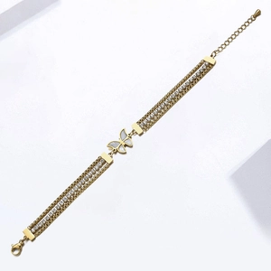Elegant gold butterfly titanium steel bracelet with triple row cubic zirconia stones