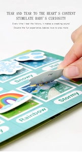 Detail showing toddler's hand using Velcro weather puzzle pieces in an educational busy book