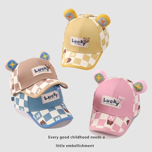 Kids baseball cap with lucky embroidery and plaid brim for outdoor sun protection