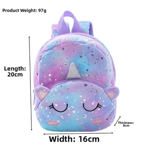 Detail view of colorful unicorn plush backpack showing 20x16x8cm size and star sequins