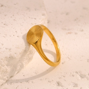Macro view of 18K gold plated stainless steel ring featuring a sunburst radial design