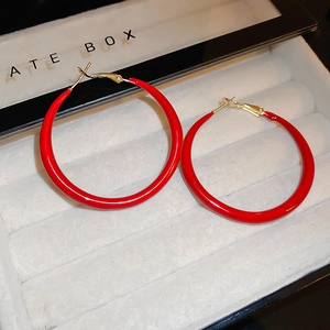 Vintage burgundy enamel geometric hoop earrings with polished gold-tone metal clasp
