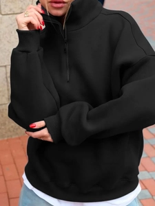 Detail of a vintage black quarter-zip sweatshirt featuring a cozy oversized lapel collar