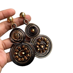 Vintage crystal woven geometric round pendant earrings with layered bronze metallic thread