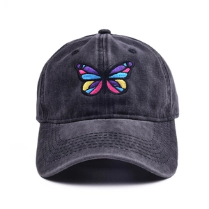 Vintage dark grey washed cotton baseball cap with colorful butterfly embroidery detail