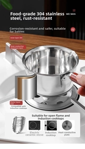 Detail view of small stainless steel oil pan with inner scale and wood handle