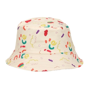 Beige cotton bucket hat with colorful rainbow graffiti and 'nice' letter prints