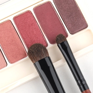 Macro detail of natural horse hair eyeshadow brushes and pigmented powder palette