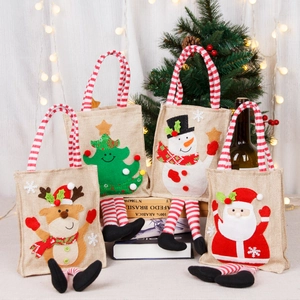 Set of 4 Christmas linen gift bags with Santa, Snowman, Reindeer and Tree designs