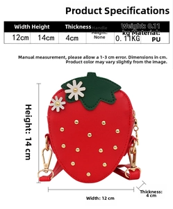 Size specifications chart for girls strawberry crossbody bag with PU material dimensions