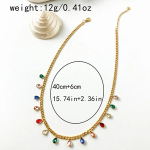 Gold Cuban chain necklace featuring vibrant multi-colored teardrop zircon pendants