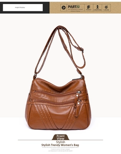 Front view detail of brown washed PU leather crossbody bag with multiple zipper pockets