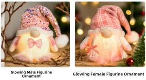 Close-up of glowing Christmas gnomes with LED lights, sequin hats and knit textures