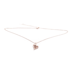 Rose gold heart pendant necklace with micro-pave crystals and I love you projection stone