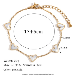 Detailed size chart of a 316L stainless steel bracelet with 18K gold and heart charms