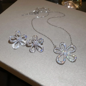 Detailed view of silver flower pendant necklace and earrings set with sparkling crystals