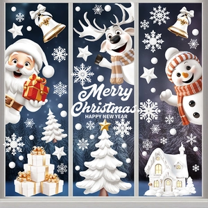 3D Merry Christmas window static stickers featuring Santa, reindeer, and snowman designs