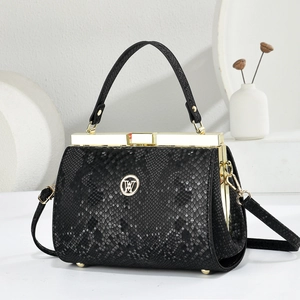 Women Shiny PU Leather Handbag Snake Skin Texture Gold Metal Handle Crossbody Shoulder Bag Evening Party Doctor Style