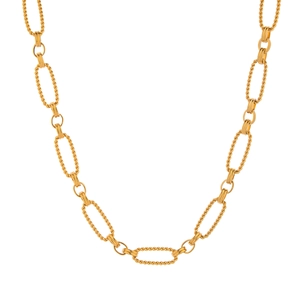 Close-up of golden stainless steel necklace featuring elegant twisted rope oval links