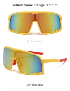 Front and side views of yellow sports cycling sunglasses with orange-red mirrored lenses