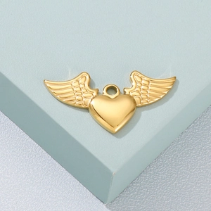 Polished gold angel wing heart pendant necklace on minimalist geometric background