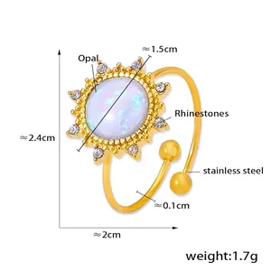 Detail view of sunflower opal ring in stainless steel with rhinestone size specifications