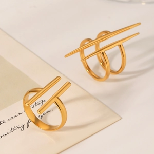 Minimalist gold-plated irregular stainless steel open rings with geometric double-line design