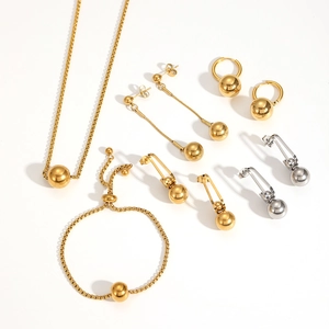 Minimalist 18k gold ball jewelry set with stainless steel necklace, bracelet and earrings