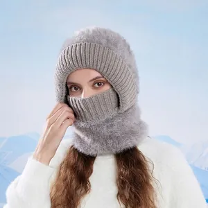 Winter 3-in-1 light gray knit hat with face mask and neck gaiter for outdoor warmth